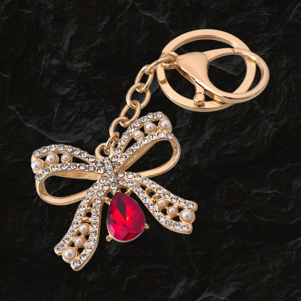 Pearl & Crystal Bow Bag Charm / Keychain with Red Teardrop Gem